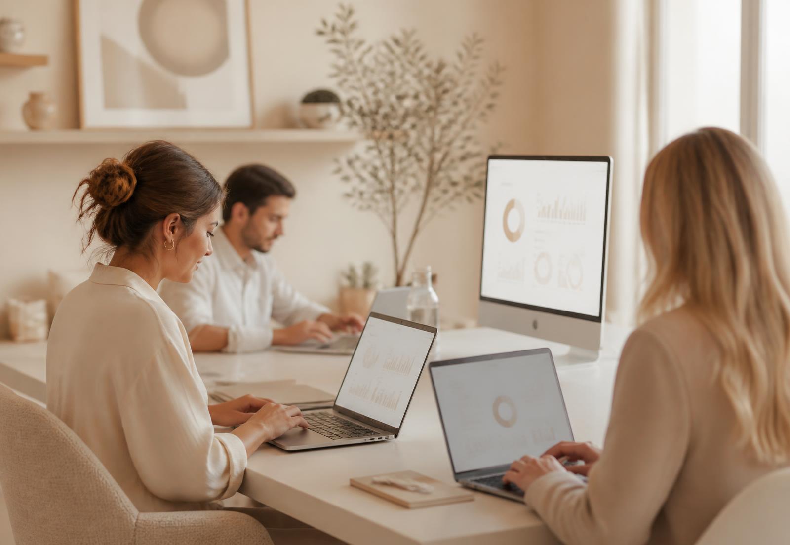 Marketing-Team analysiert Kampagnenzahlen am Laptop